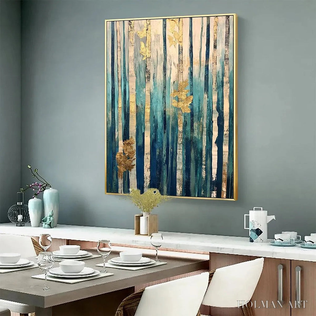 HOLMAN ART Azure Forest – Vertical Abstract Forest Oil Painting with Gold Leaf - image 5