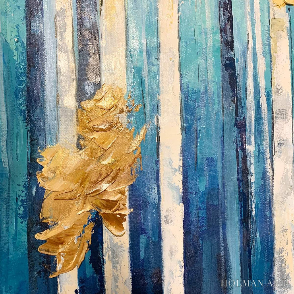 HOLMAN ART Azure Forest – Vertical Abstract Forest Oil Painting with Gold Leaf - image 6