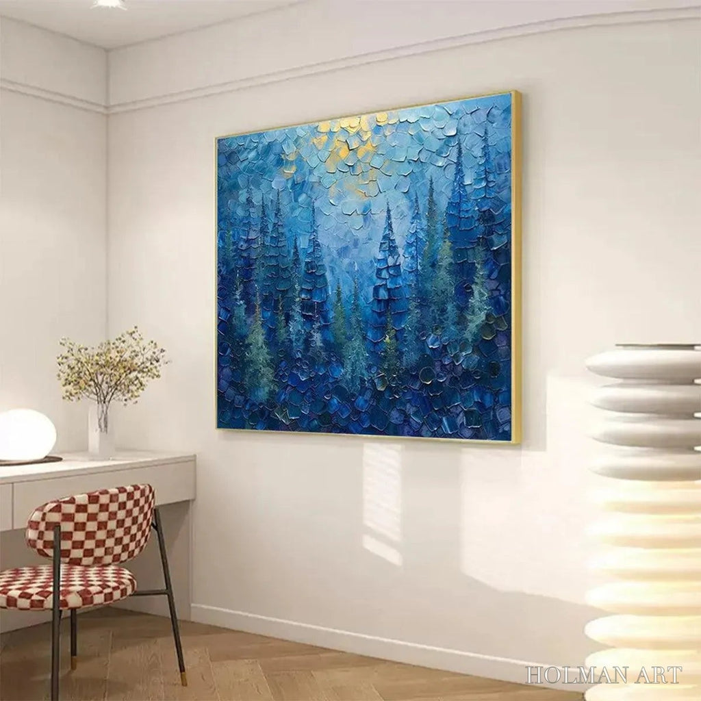 HOLMAN ART Blue Forest – Textured Forest Painting, Blue Landscape , Square Canvas, Impasto Decor - image 4