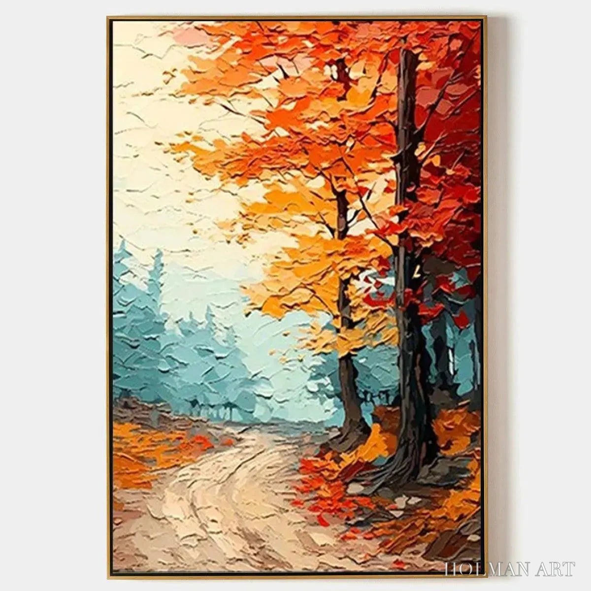 HOLMAN ART Autumn Path – Textured Forest Path Painting, Orange and Blue , Vertical Canvas, Impasto Decor - image 1