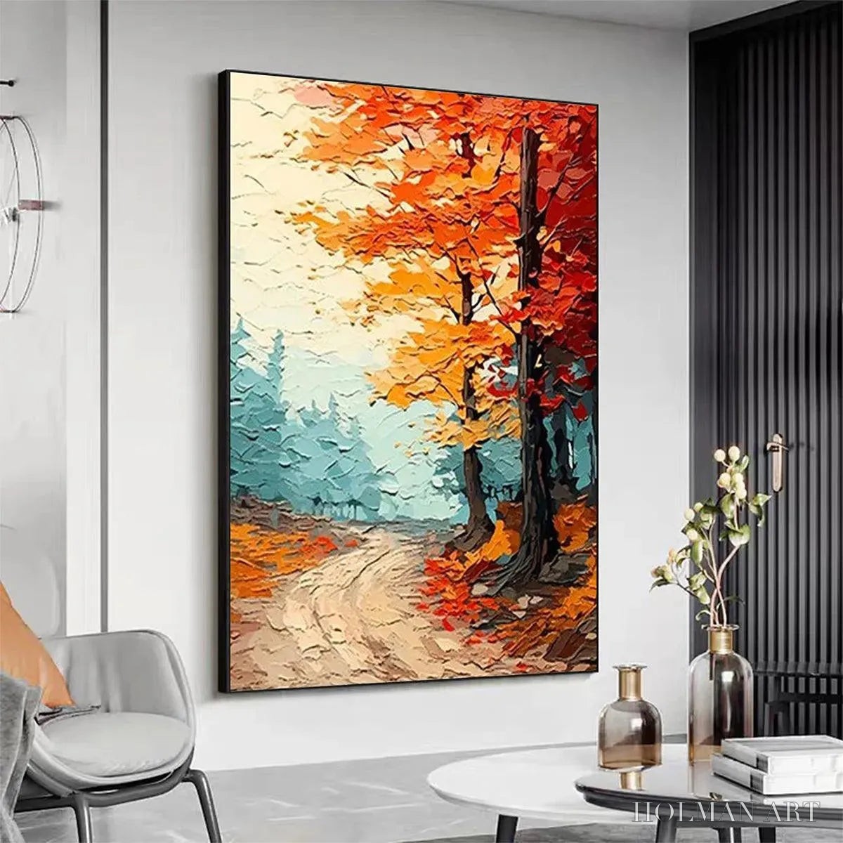 HOLMAN ART Autumn Path – Textured Forest Path Painting, Orange and Blue , Vertical Canvas, Impasto Decor - image 5