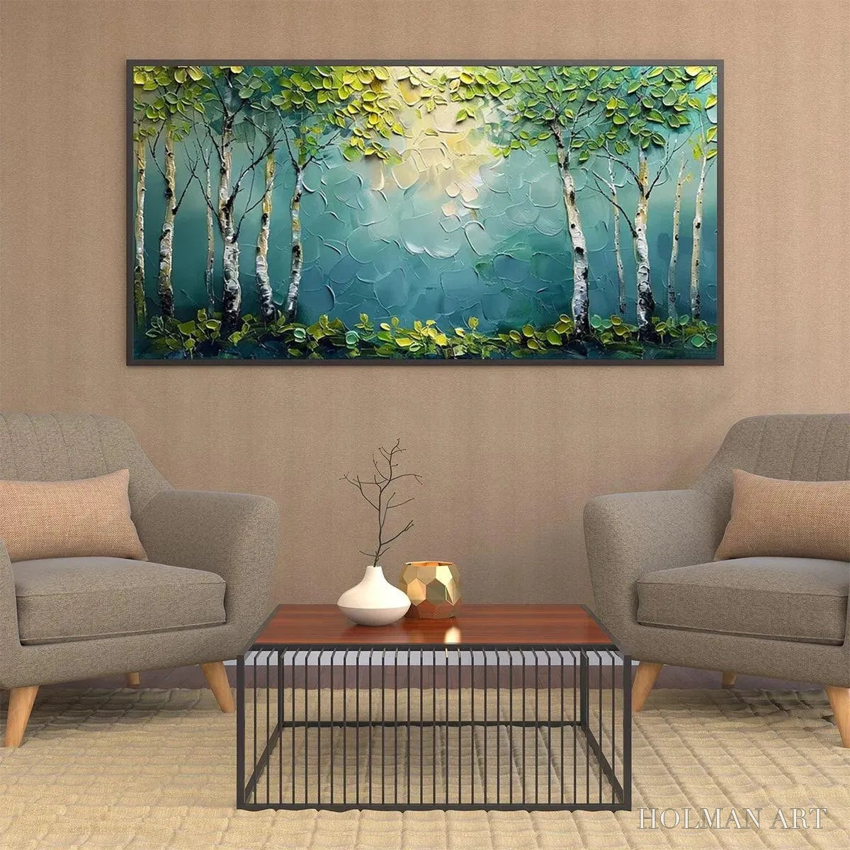 HOLMAN ART Birch Grove – Textured Forest Painting, Impasto , Horizontal Canvas, Birch Tree Decor - image 4