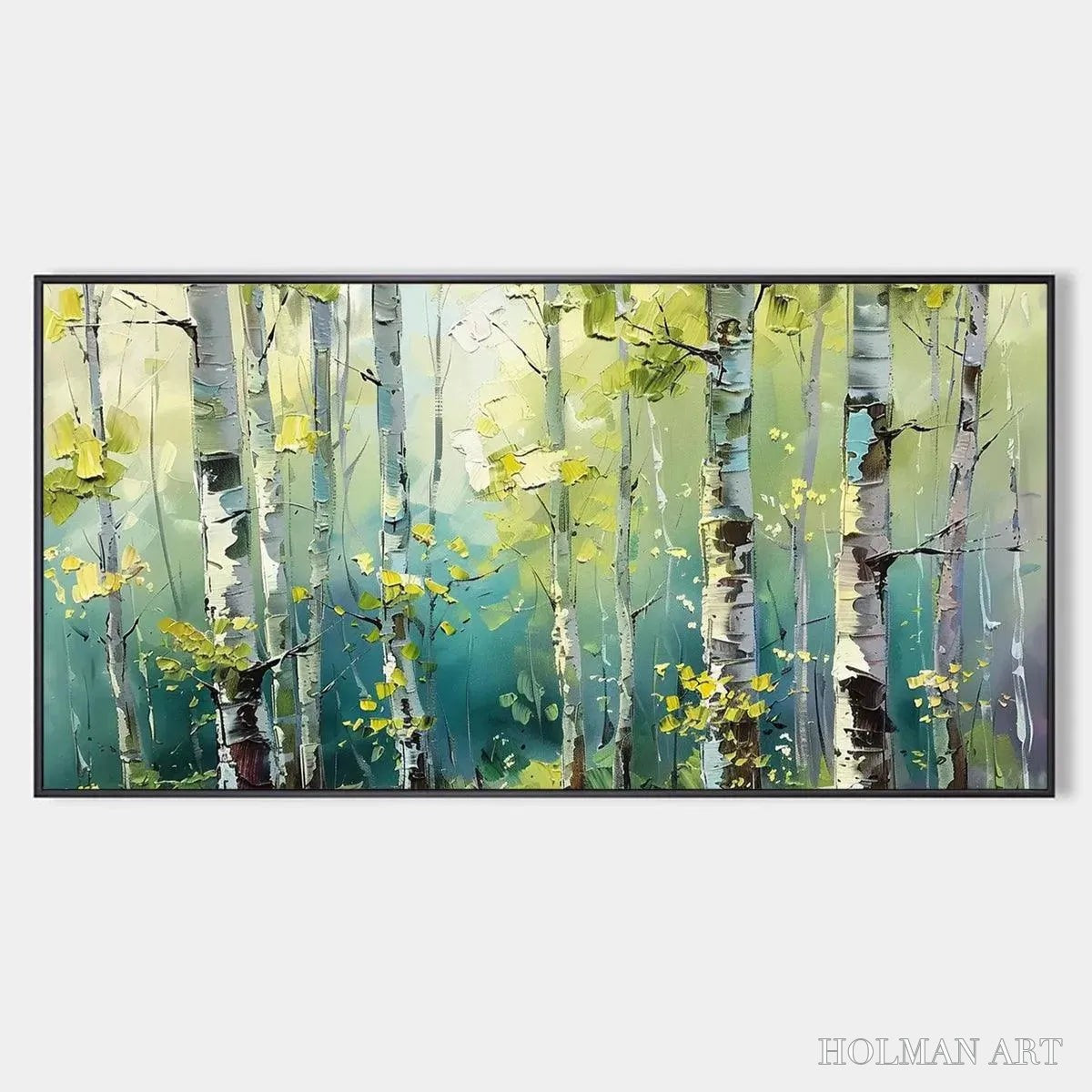 HOLMAN ART Aspen Grove – Textured Birch Tree Painting, Green and Yellow Forest , Panoramic Canvas, Nature-Inspired Decor - image 1