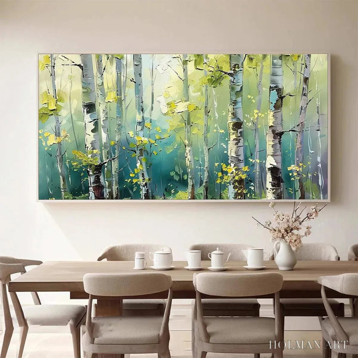 HOLMAN ART Aspen Grove – Textured Birch Tree Painting, Green and Yellow Forest , Panoramic Canvas, Nature-Inspired Decor - image 2