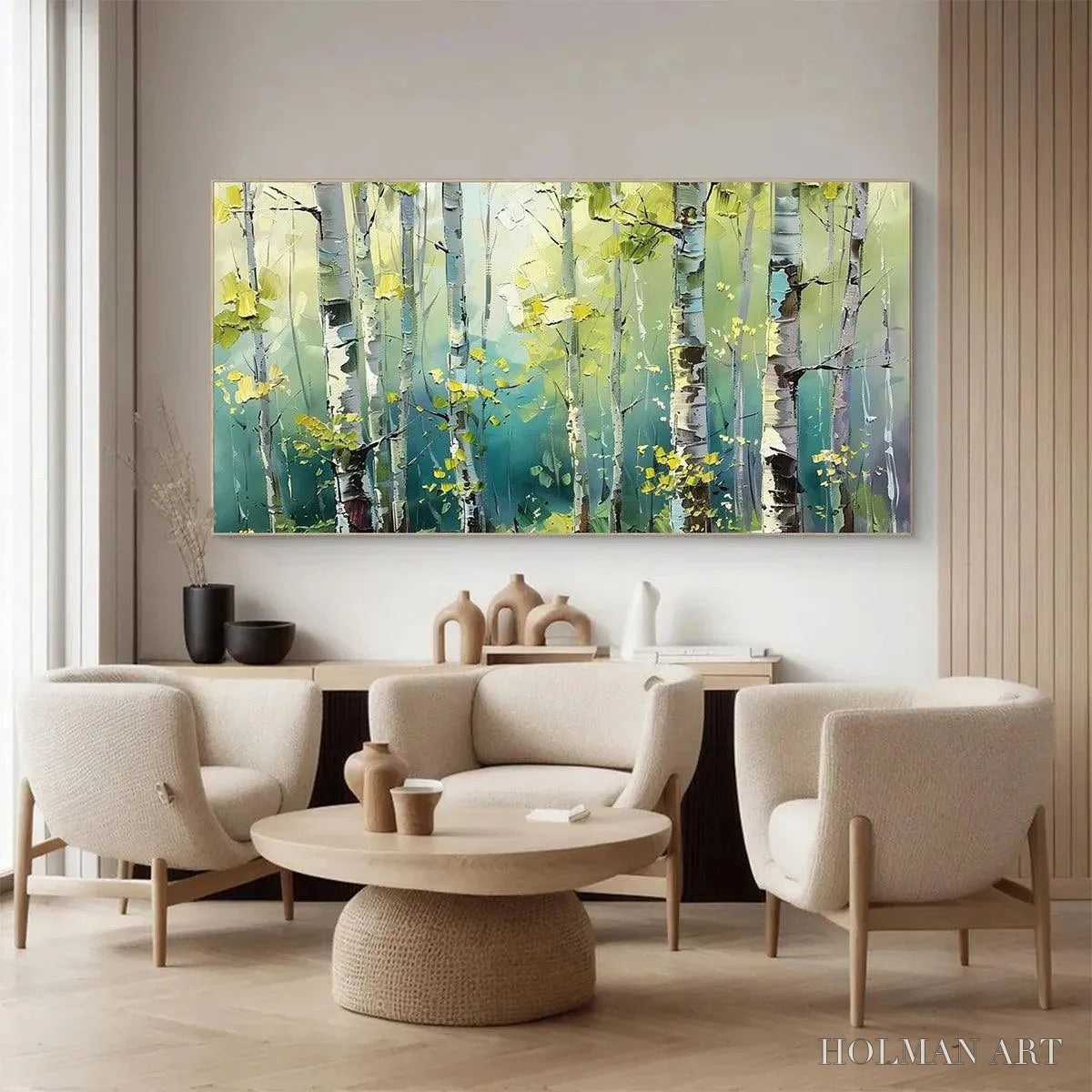 HOLMAN ART Aspen Grove – Textured Birch Tree Painting, Green and Yellow Forest , Panoramic Canvas, Nature-Inspired Decor - image 4