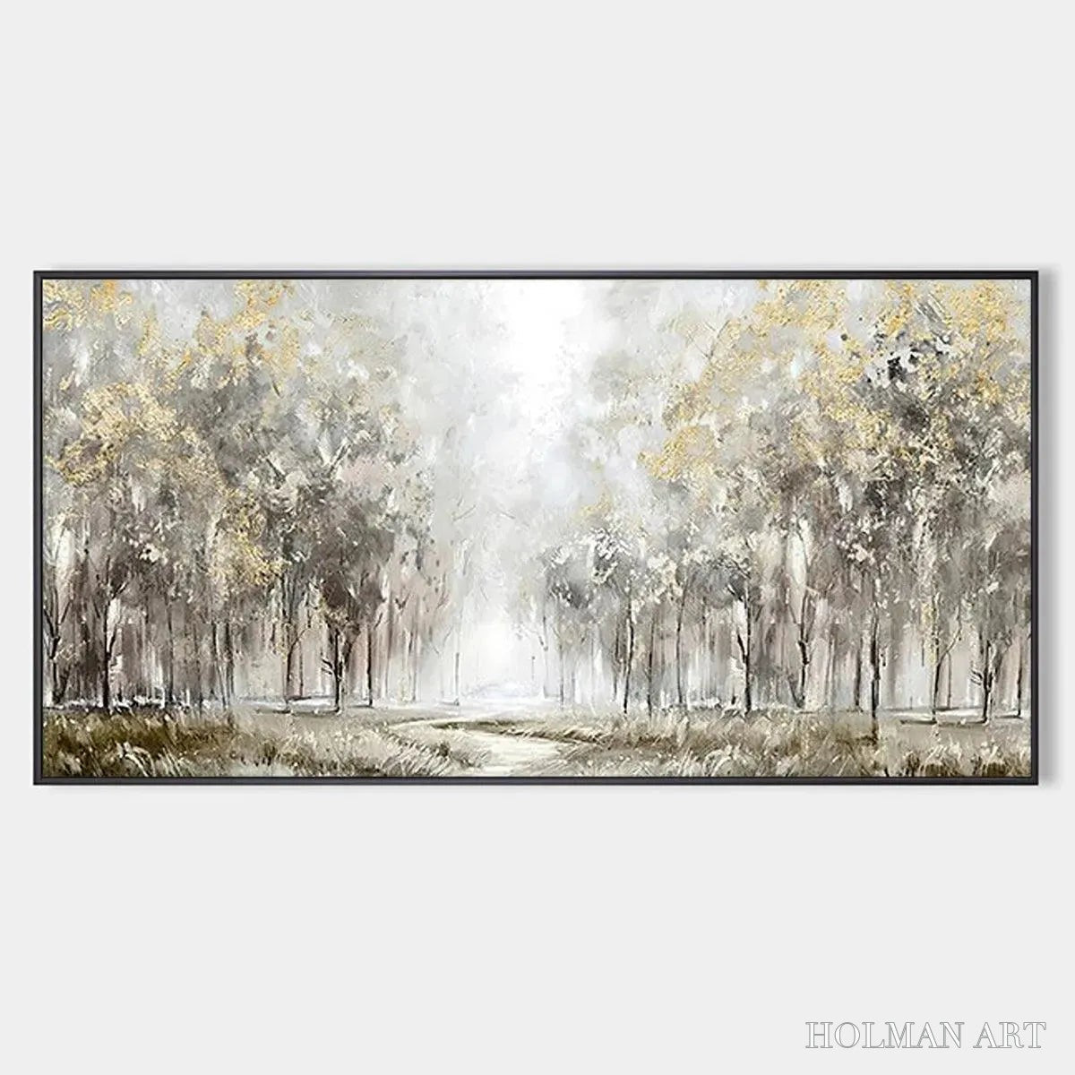 HOLMAN ART Golden Forest Path – Textured Forest Landscape Painting, Panoramic - image 1