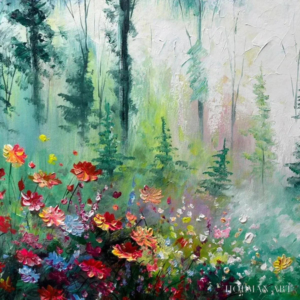 HOLMAN ART Whispering Woods – Impressionistic Forest Landscape Painting with Colorful Wildflowers - image 3