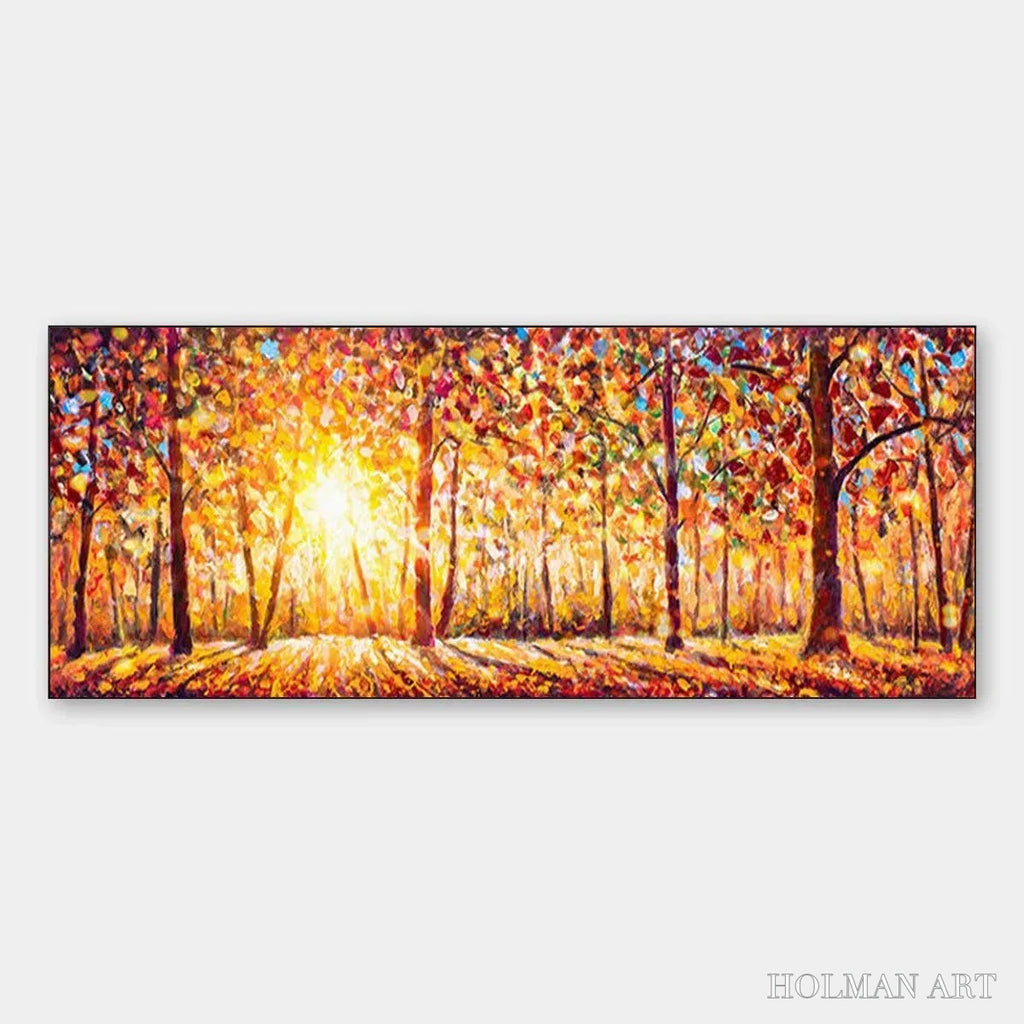 HOLMAN ART Autumn Sunrise – Panoramic Forest Landscape Painting in Orange and Yellow - image 1