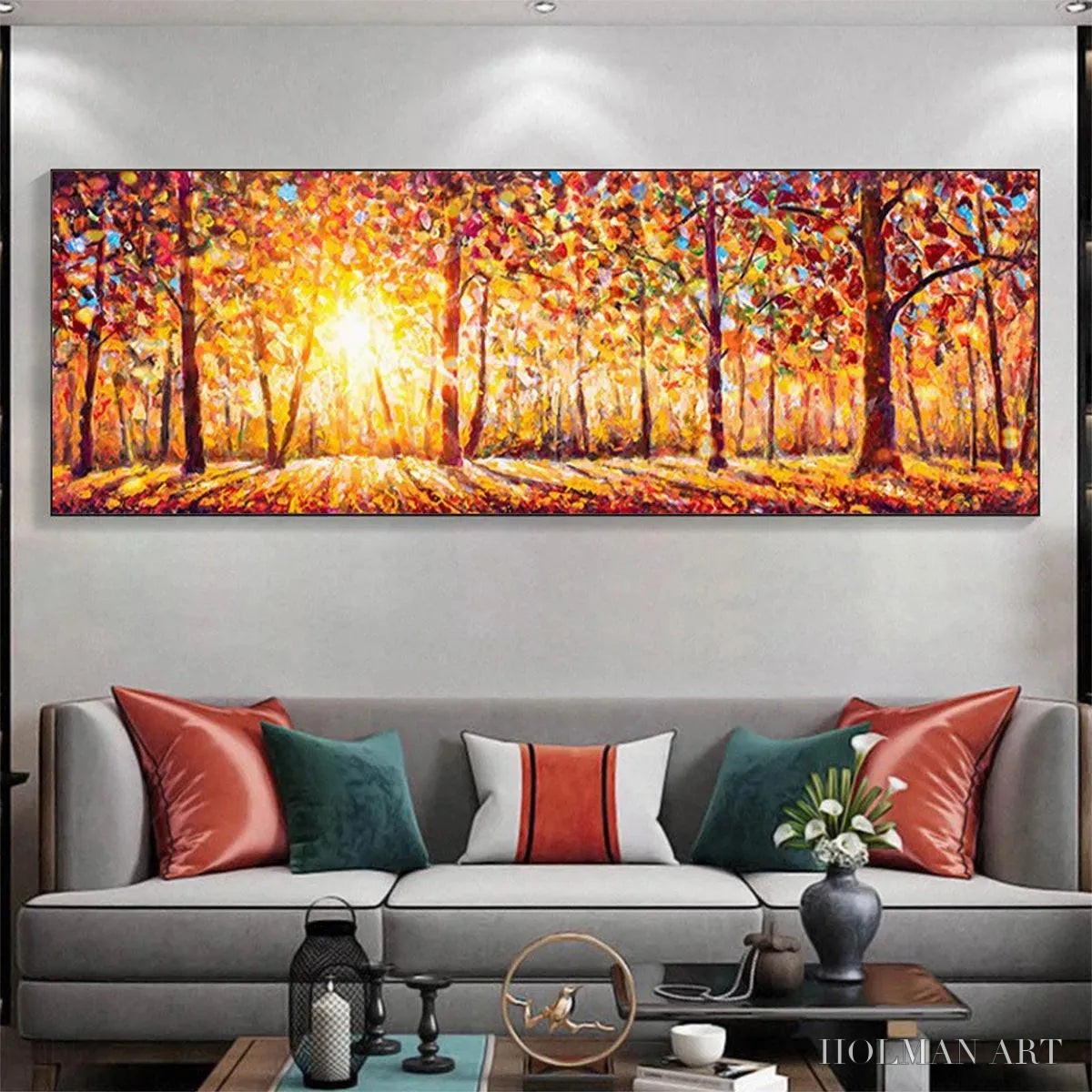 HOLMAN ART Autumn Sunrise – Panoramic Forest Landscape Painting in Orange and Yellow - image 2