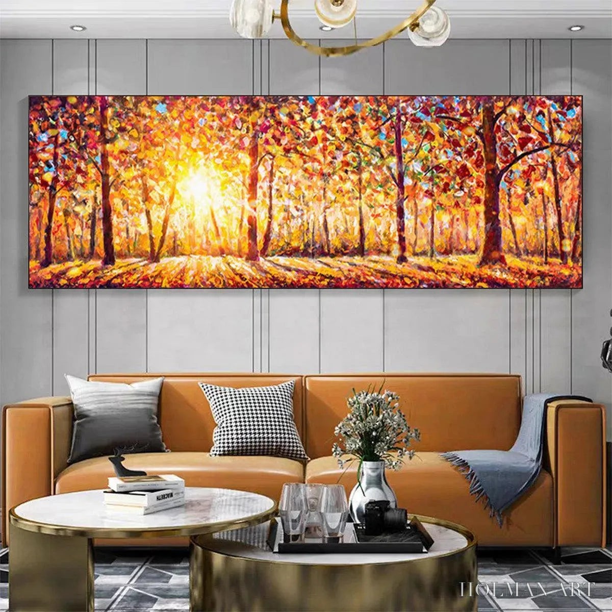 HOLMAN ART Autumn Sunrise – Panoramic Forest Landscape Painting in Orange and Yellow - image 5