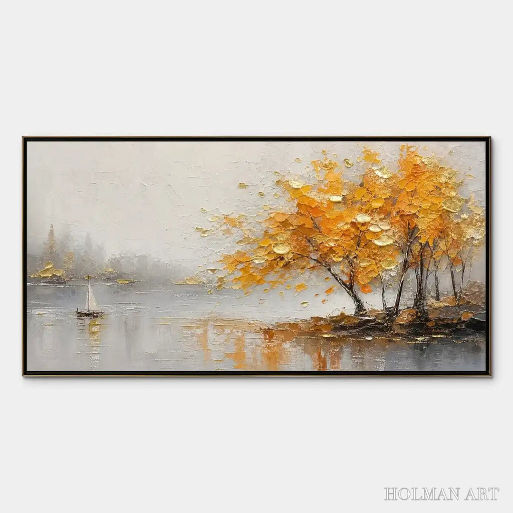 HOLMAN ART Autumn Lake Tree – Golden Tree Lakeside Painting - image 1