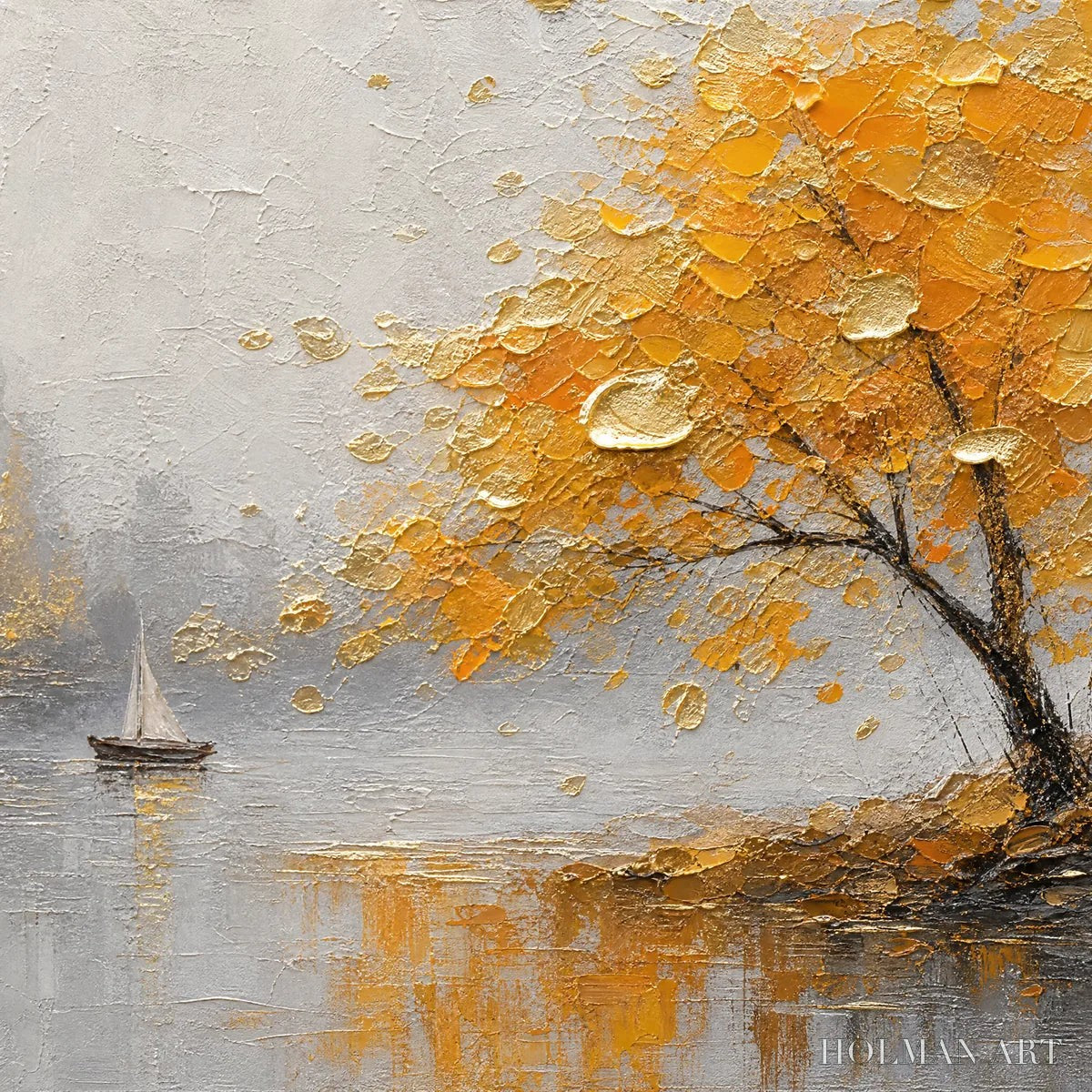 HOLMAN ART Autumn Lake Tree – Golden Tree Lakeside Painting - image 3