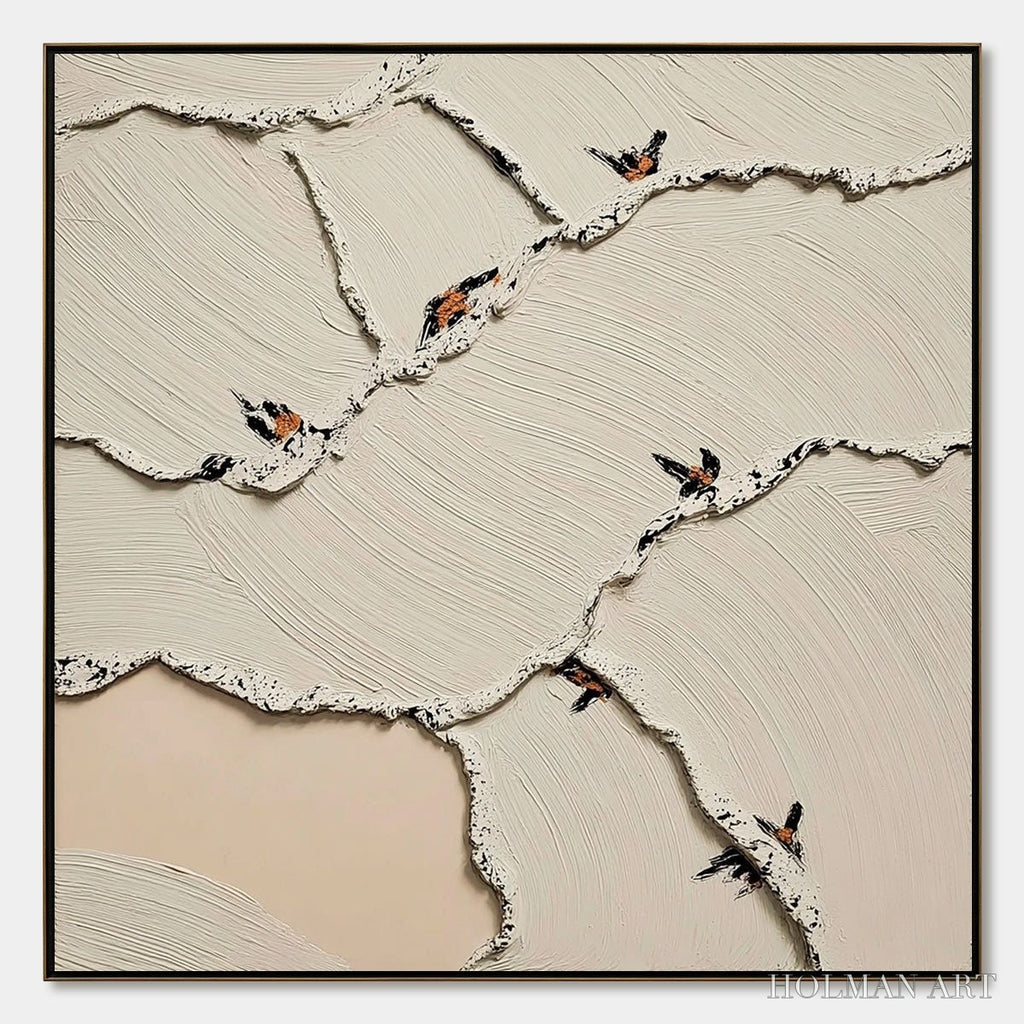 HOLMAN ART Fragments of Dawn – Textured Wabi Sabi Painting of Perched Birds - image 1