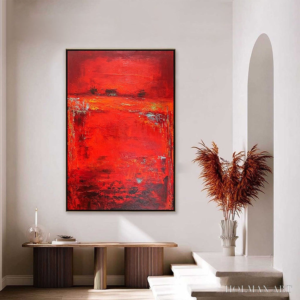 HOLMAN ART Scarlet Horizon – Large Vertical Red Abstract Textured Oil Painting - image 4