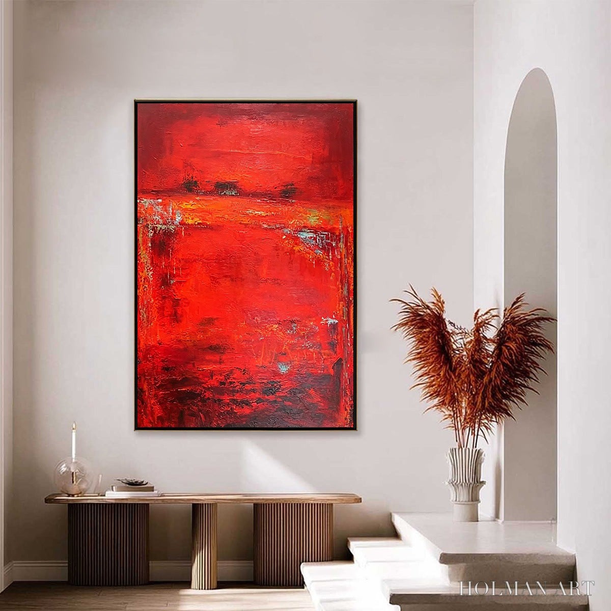 HOLMAN ART Scarlet Horizon – Large Vertical Red Abstract Textured Oil Painting - image 4