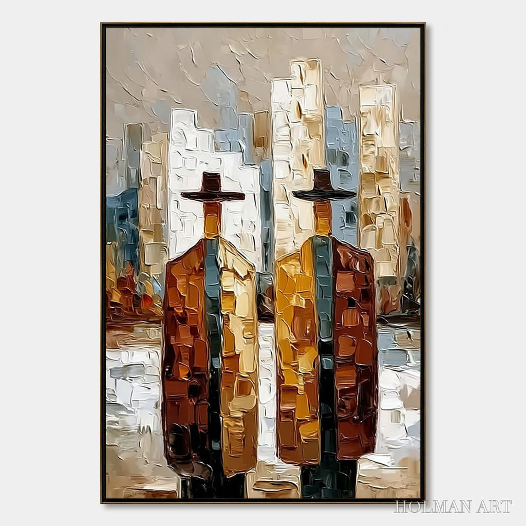 HOLMAN ART Metropolis Duo – Textured Palette Knife Painting of Figures in a City - image 1