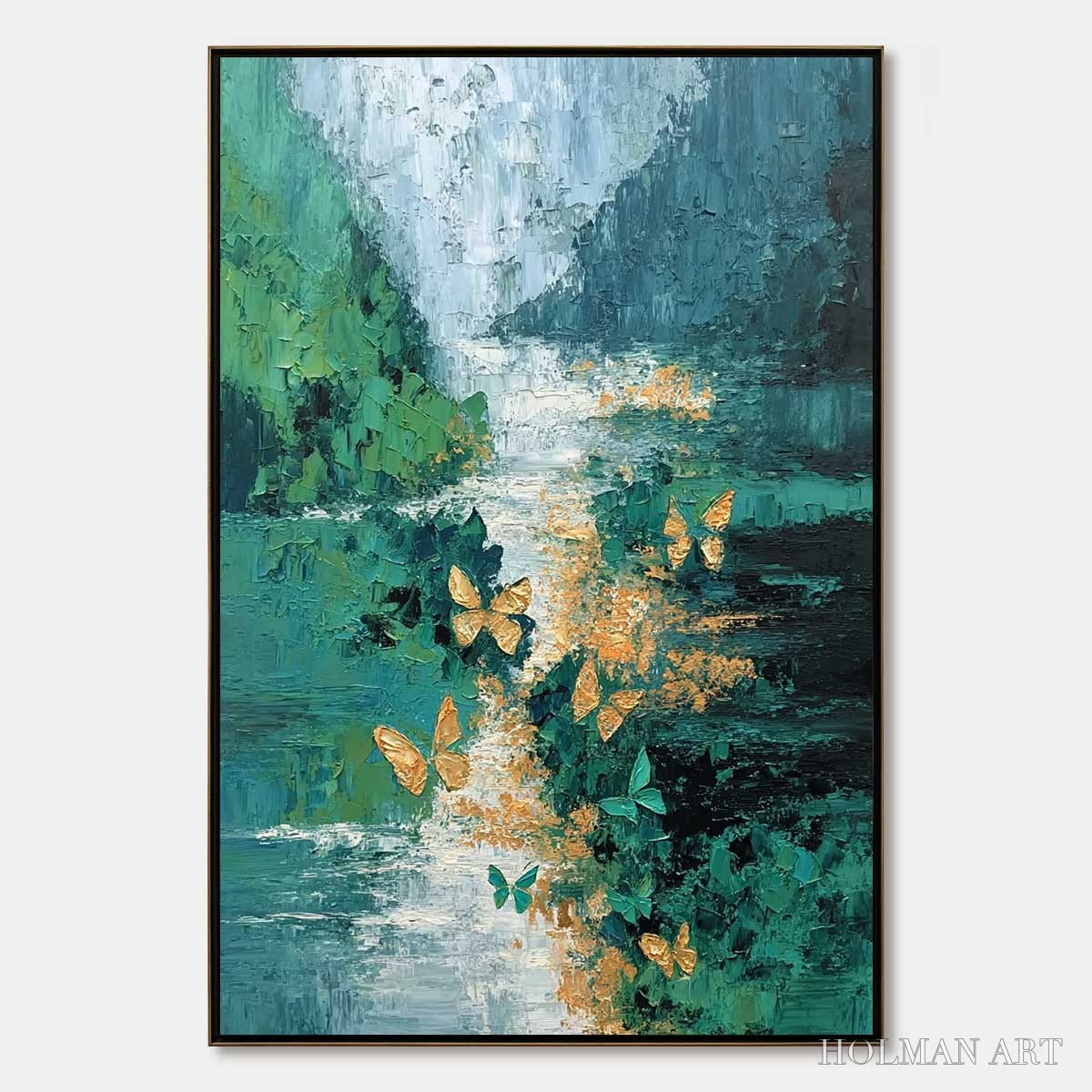 HOLMAN ART Emergence – Textured Impasto River Painting with Golden Butterflies - image 1