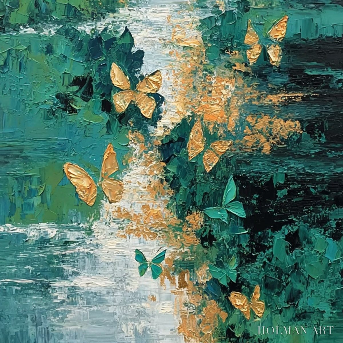 HOLMAN ART Emergence – Textured Impasto River Painting with Golden Butterflies - image 3