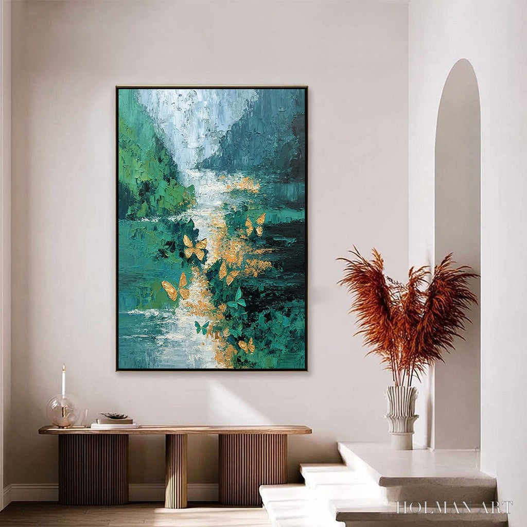 HOLMAN ART Emergence – Textured Impasto River Painting with Golden Butterflies - image 4