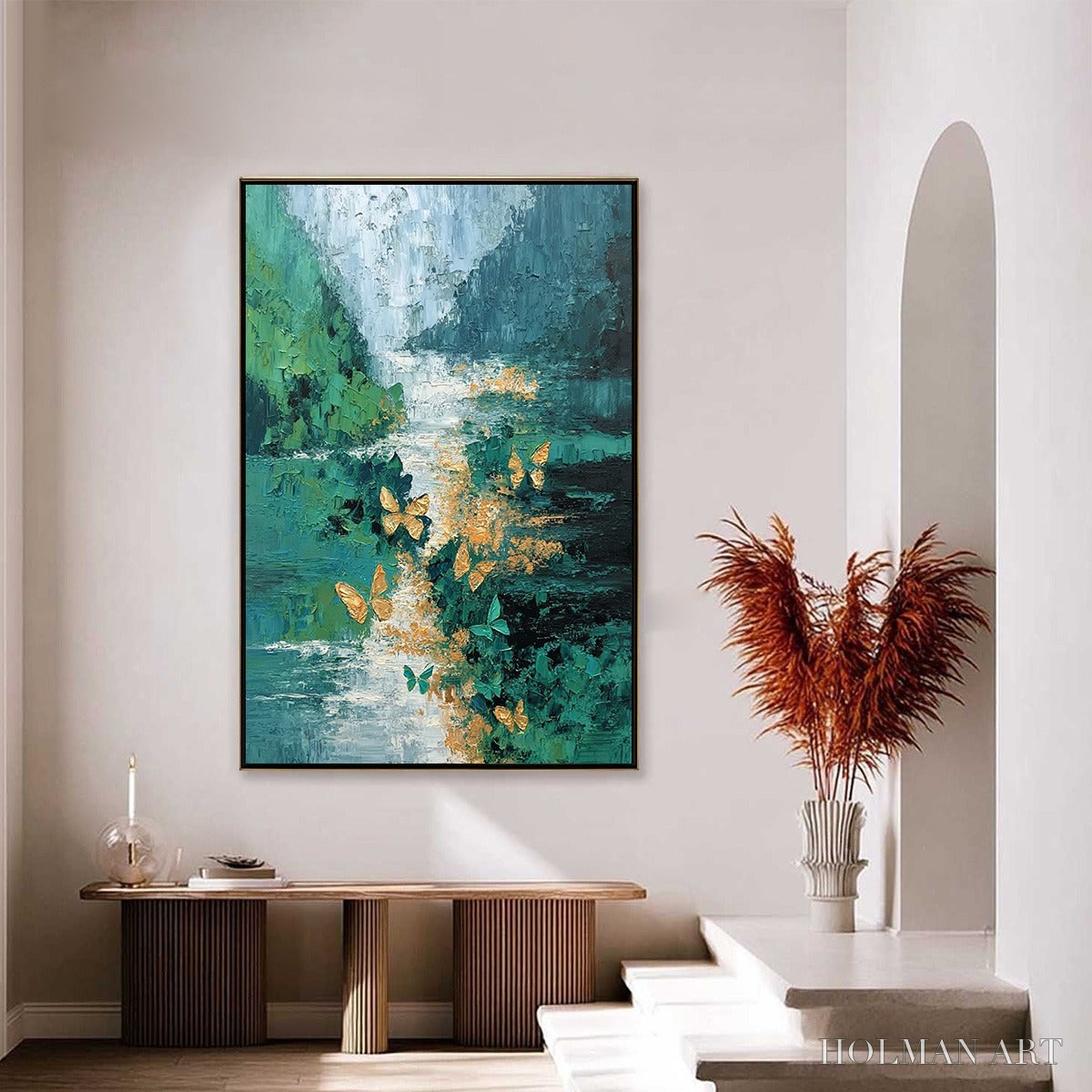 HOLMAN ART Emergence – Textured Impasto River Painting with Golden Butterflies - image 4
