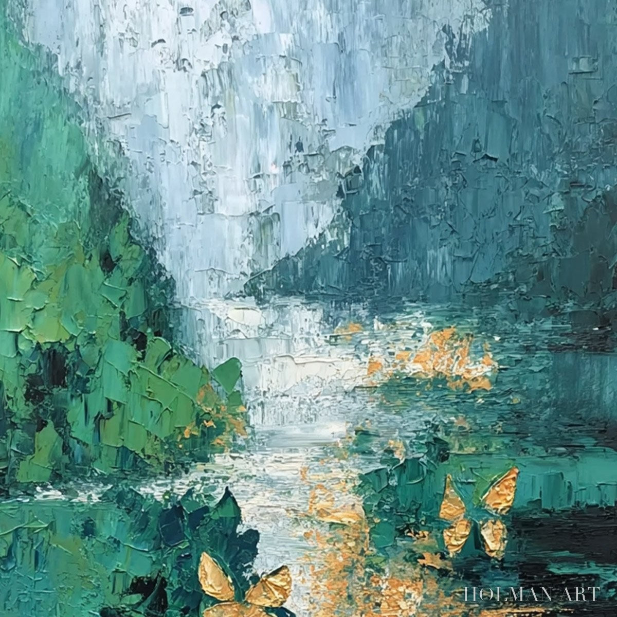 HOLMAN ART Emergence – Textured Impasto River Painting with Golden Butterflies - image 5
