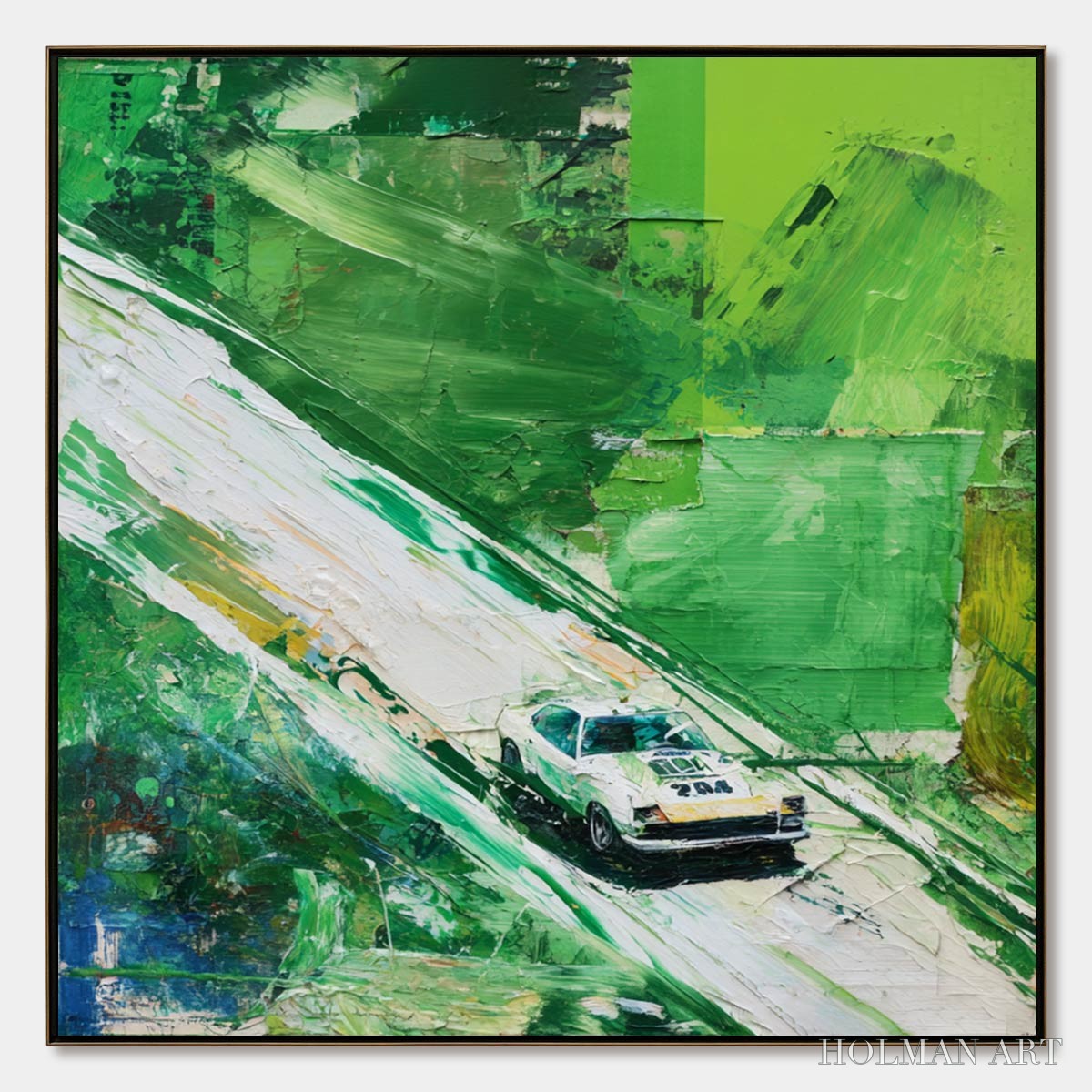 HOLMAN ART Emerald Rush – Textured Sports Car Racing Impasto Oil Painting - image 1