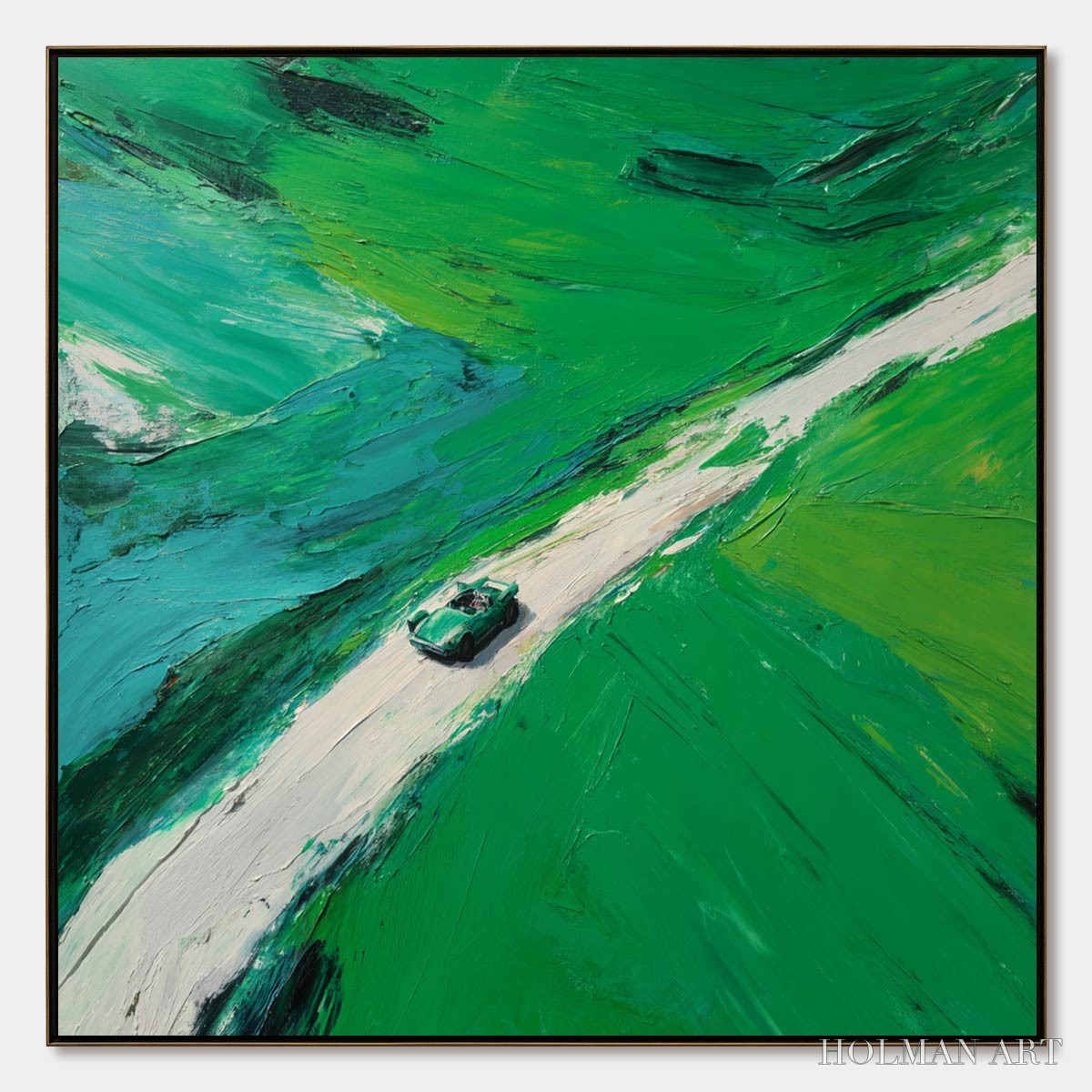 HOLMAN ART Emerald Escape – Textured Aerial View Painting of a Vintage Sports Car - image 1