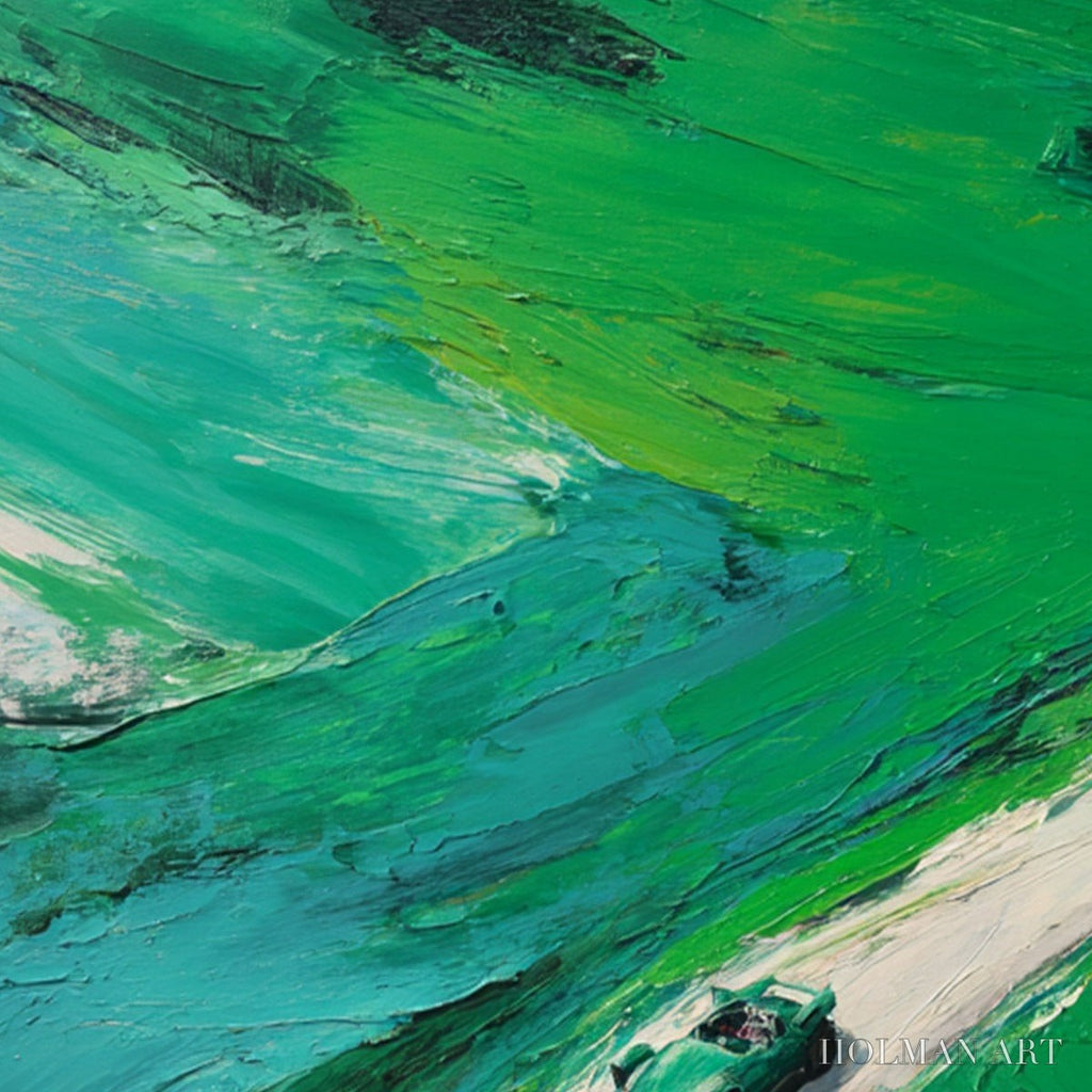 HOLMAN ART Emerald Escape – Textured Aerial View Painting of a Vintage Sports Car - image 3