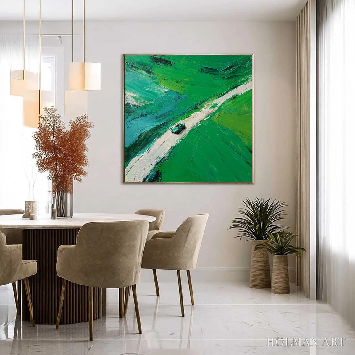 HOLMAN ART Emerald Escape – Textured Aerial View Painting of a Vintage Sports Car - image 4