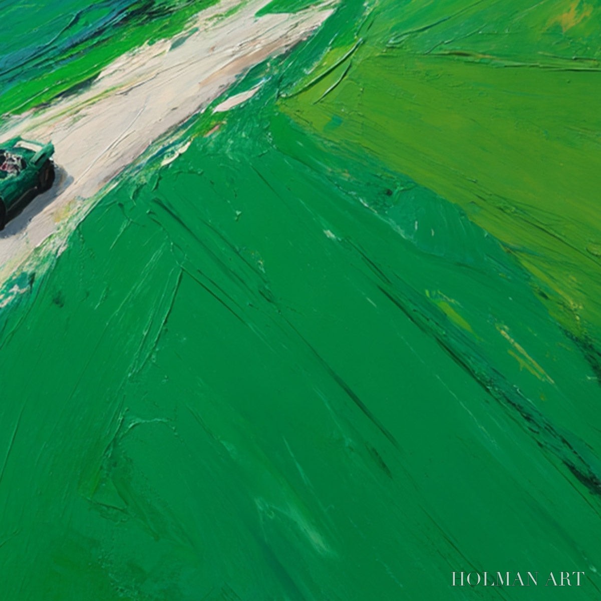 HOLMAN ART Emerald Escape – Textured Aerial View Painting of a Vintage Sports Car - image 5