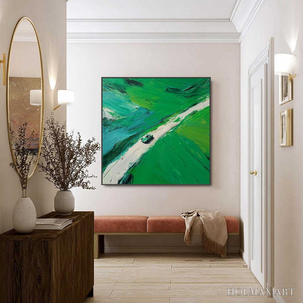 HOLMAN ART Emerald Escape – Textured Aerial View Painting of a Vintage Sports Car - image 6