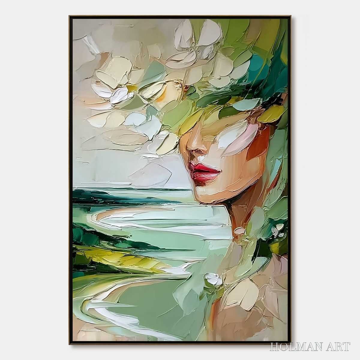 HOLMAN ART Verdant Reverie – Textured Palette Knife Abstract Portrait Painting - image 1
