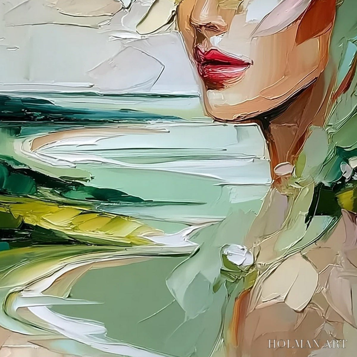 HOLMAN ART Verdant Reverie – Textured Palette Knife Abstract Portrait Painting - image 5