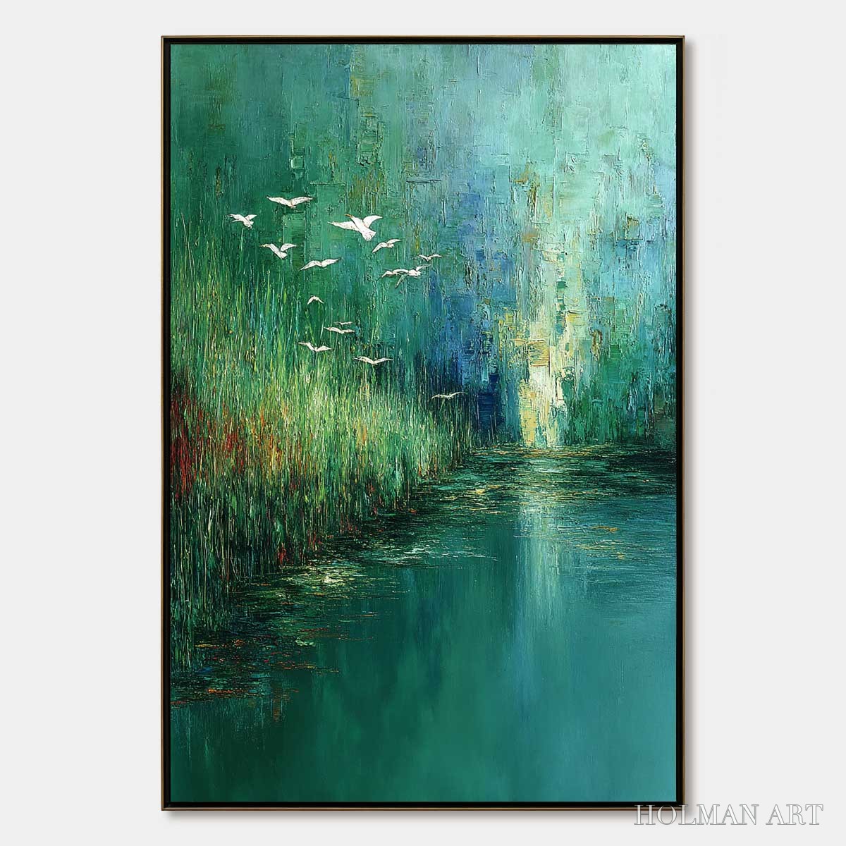 HOLMAN ART Emerald Flight – Textured Abstract Landscape Painting of Birds Over a Marsh - image 1