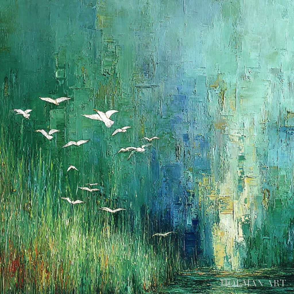 HOLMAN ART Emerald Flight – Textured Abstract Landscape Painting of Birds Over a Marsh - image 5