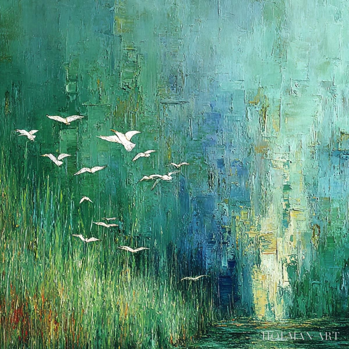 HOLMAN ART Emerald Flight – Textured Abstract Landscape Painting of Birds Over a Marsh - image 5