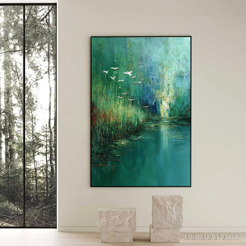 HOLMAN ART Emerald Flight – Textured Abstract Landscape Painting of Birds Over a Marsh - image 6