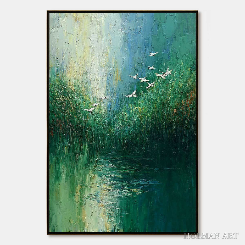 HOLMAN ART Verdant Voyage – Textured Green Landscape Painting with Birds - image 1