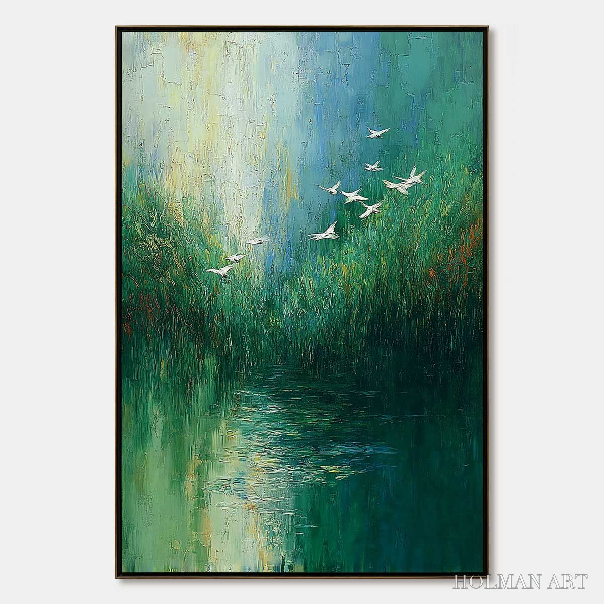 HOLMAN ART Verdant Voyage – Textured Green Landscape Painting with Birds - image 1