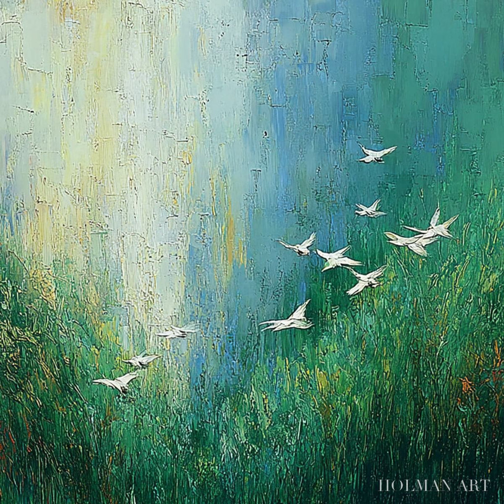 HOLMAN ART Verdant Voyage – Textured Green Landscape Painting with Birds - image 3