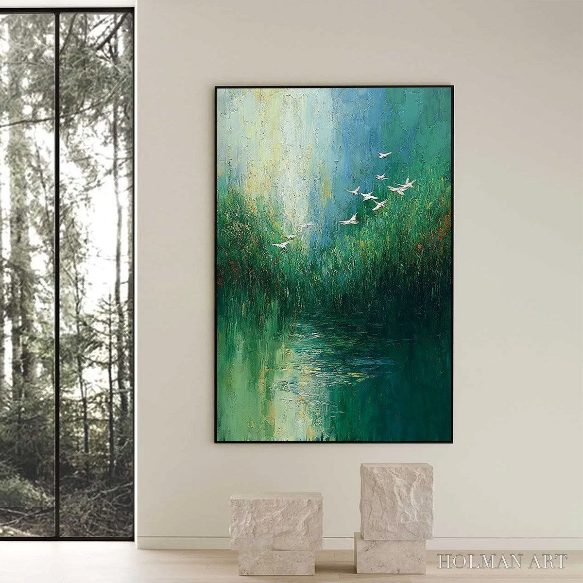 HOLMAN ART Verdant Voyage – Textured Green Landscape Painting with Birds - image 6