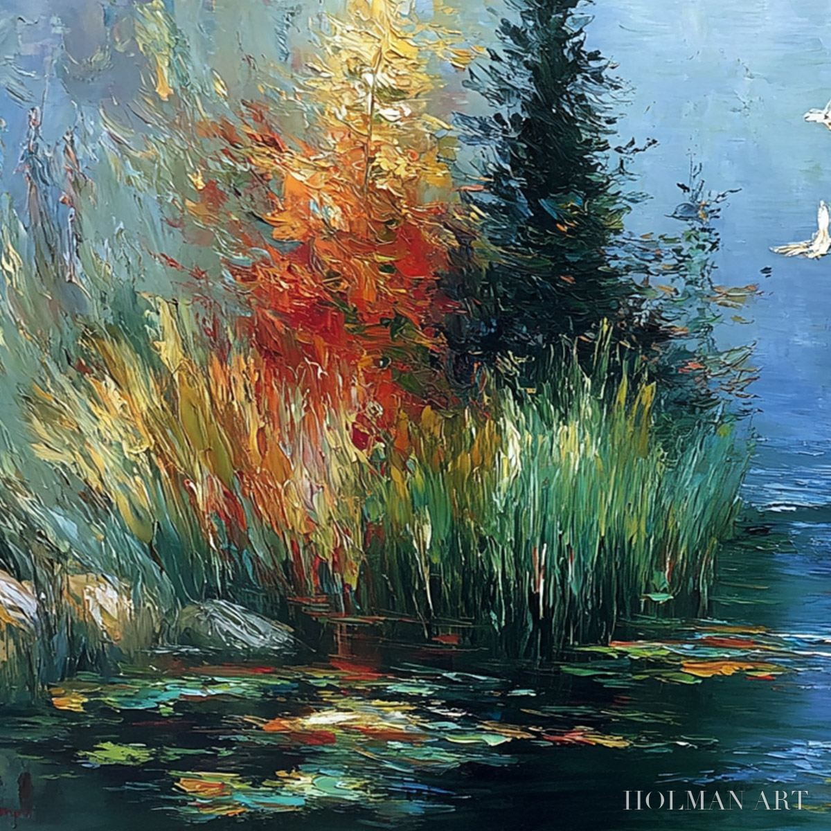 HOLMAN ART Serene Flight – Textured Impasto Landscape Painting of a River Sanctuary - image 3