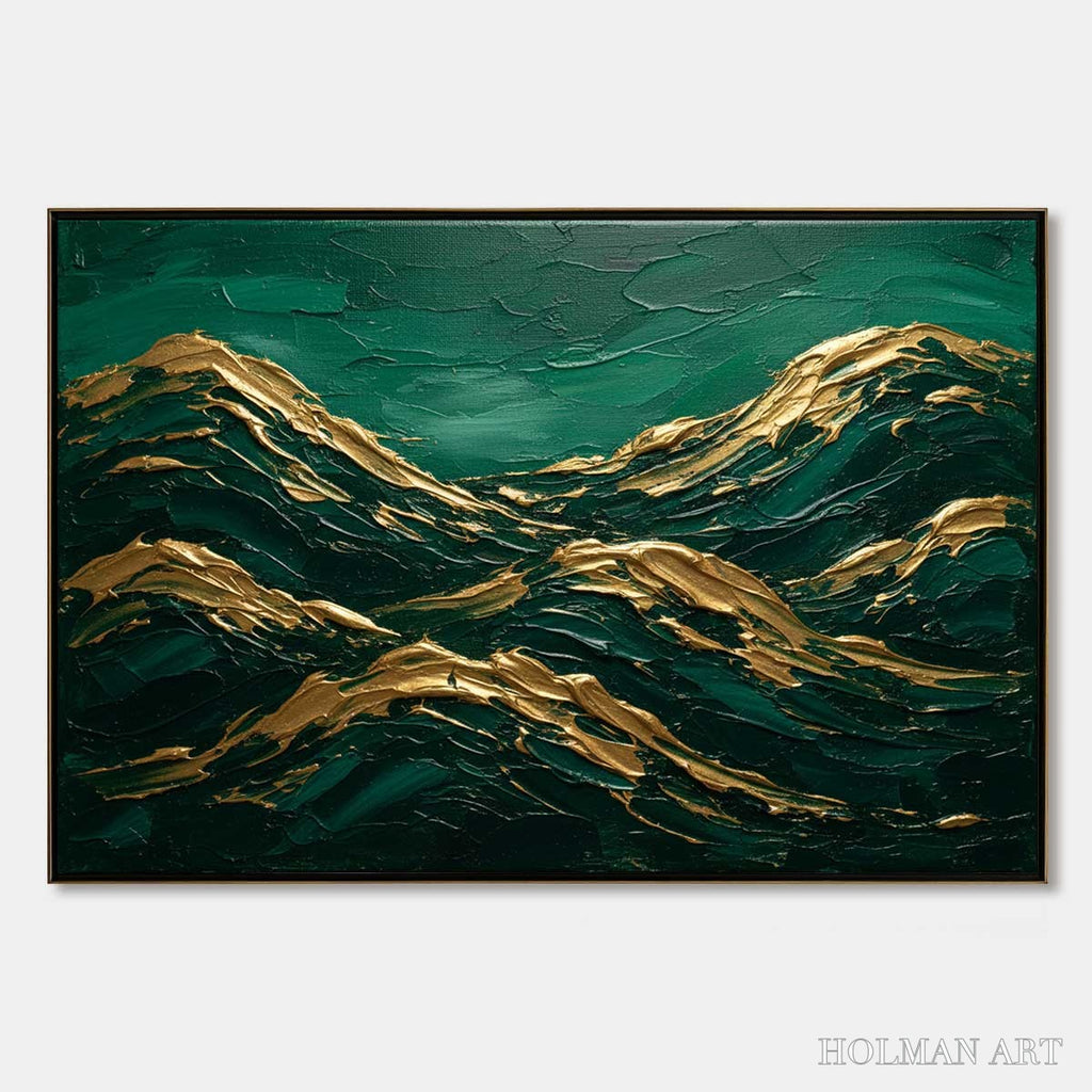 HOLMAN ART Emerald Crests – Heavy Texture Abstract Green and Gold Landscape Painting - image 1