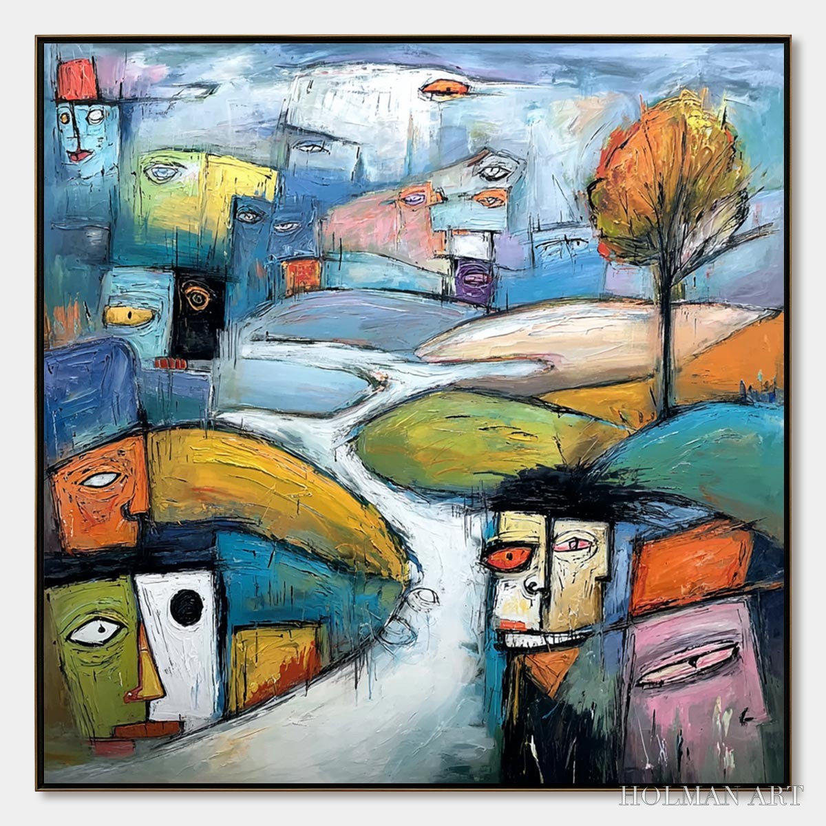 HOLMAN ART Village of Eyes – Colorful Abstract Figurative Cityscape Painting - image 1