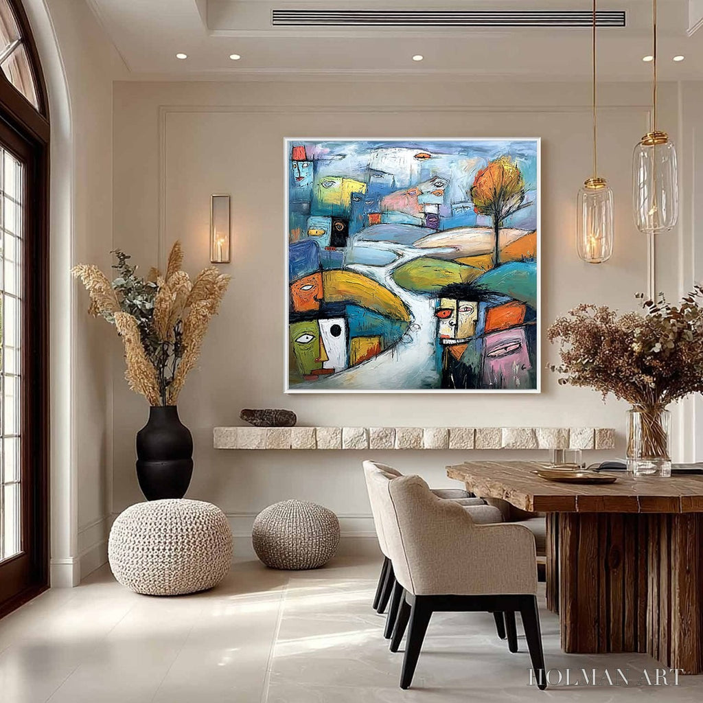 HOLMAN ART Village of Eyes – Colorful Abstract Figurative Cityscape Painting - image 2