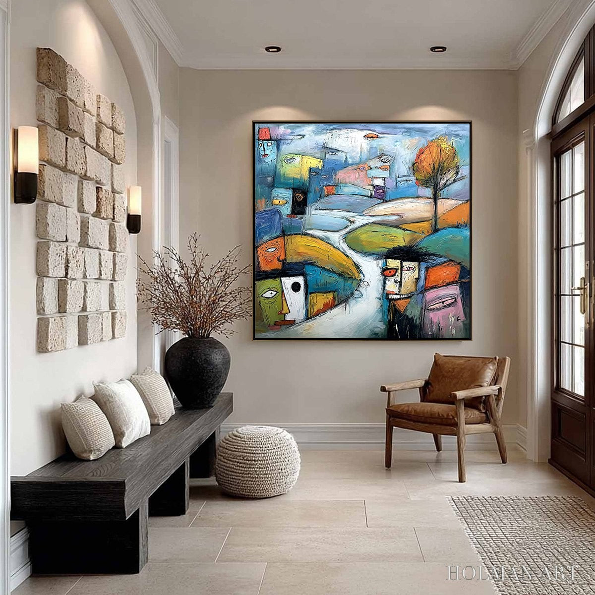 HOLMAN ART Village of Eyes – Colorful Abstract Figurative Cityscape Painting - image 4