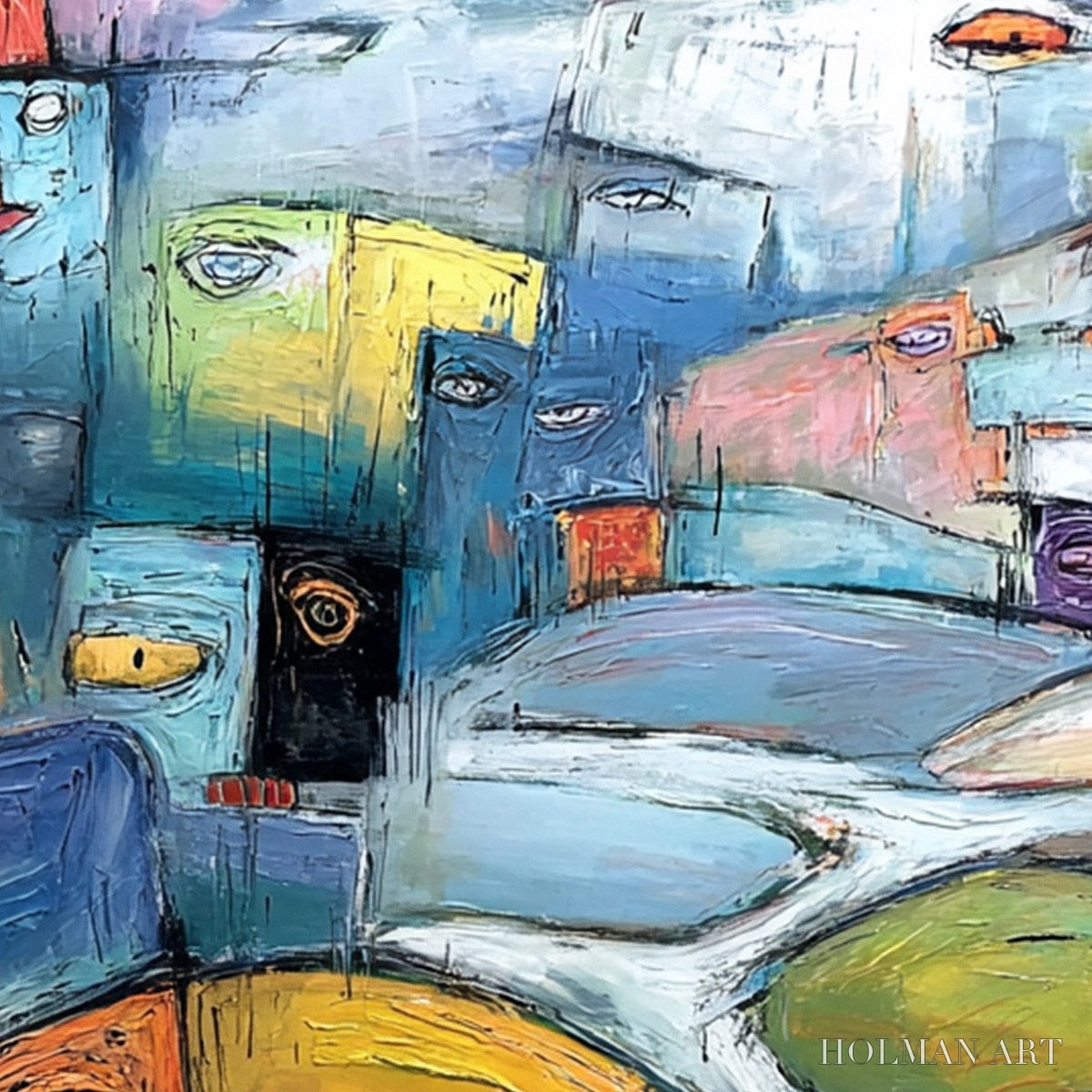 HOLMAN ART Village of Eyes – Colorful Abstract Figurative Cityscape Painting - image 5