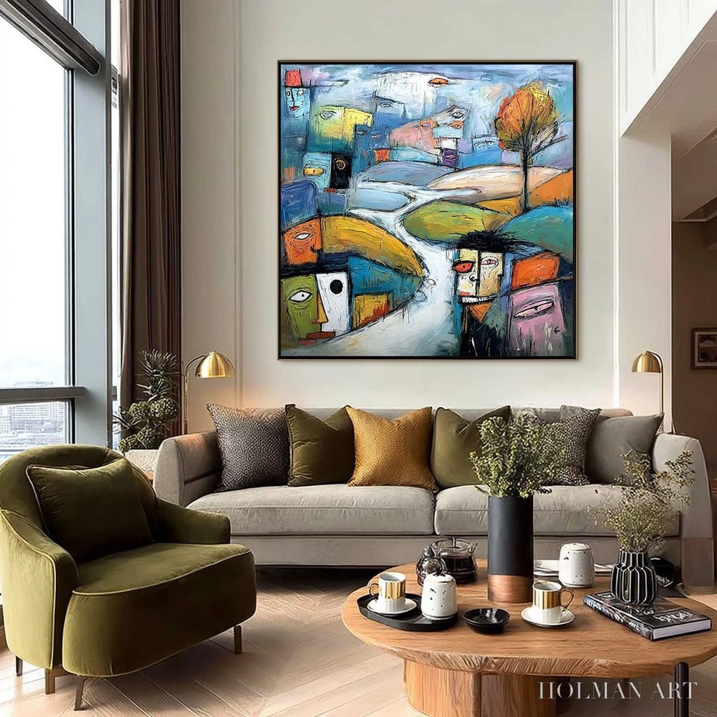 HOLMAN ART Village of Eyes – Colorful Abstract Figurative Cityscape Painting - image 6