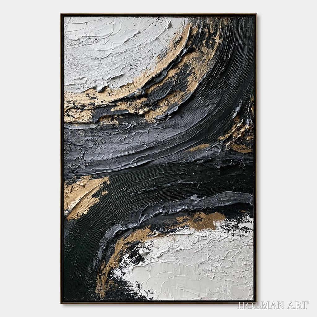 HOLMAN ART Kintsugi Rift – Textured Wabi Sabi Abstract Painting in Black and Gold - image 1