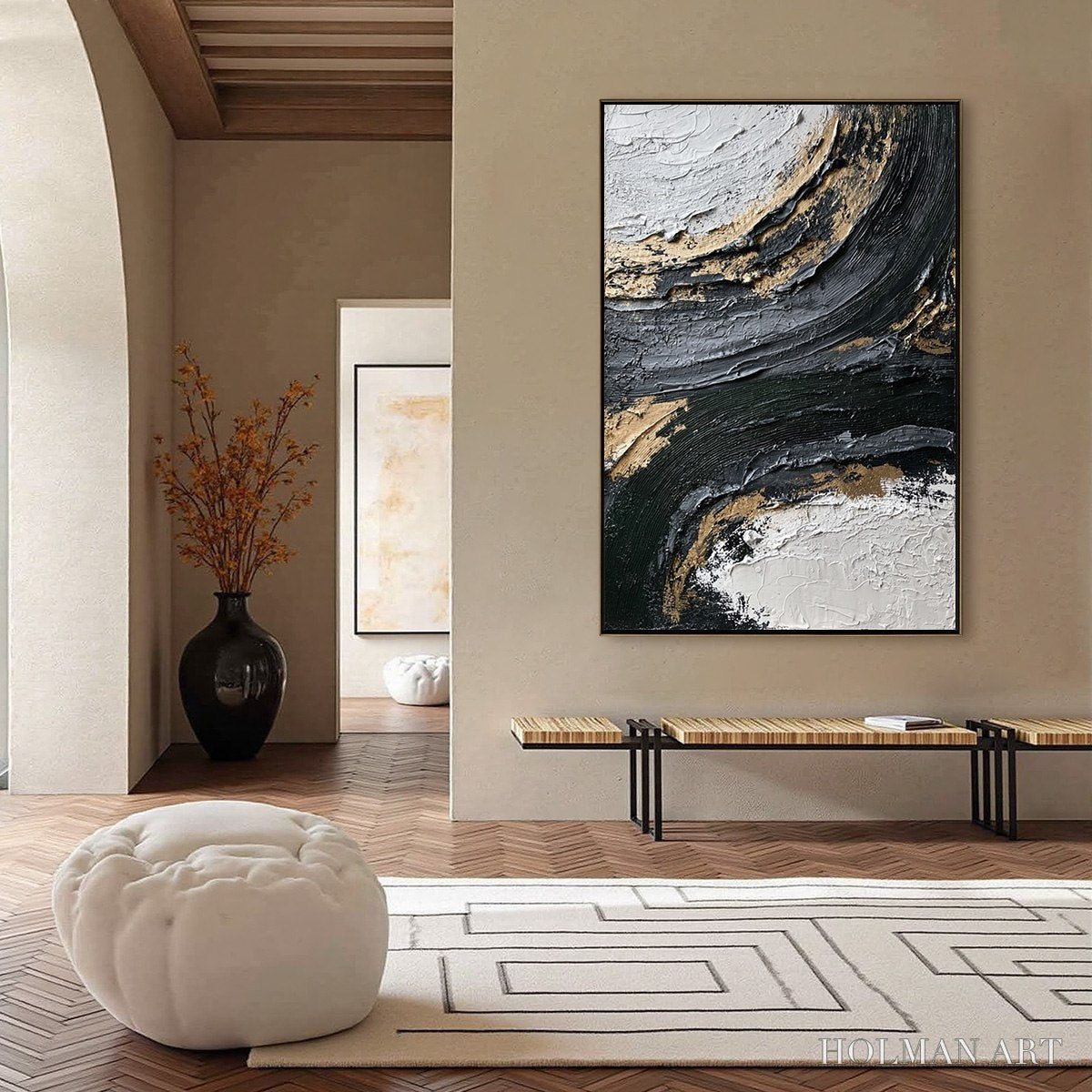 HOLMAN ART Kintsugi Rift – Textured Wabi Sabi Abstract Painting in Black and Gold - image 4